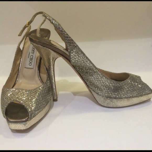 Jimmy Choo Clue Silver Glitter‎ Slingback Pump Platform Sandal Shoe [ 38.5 ] - Picture 3 of 14